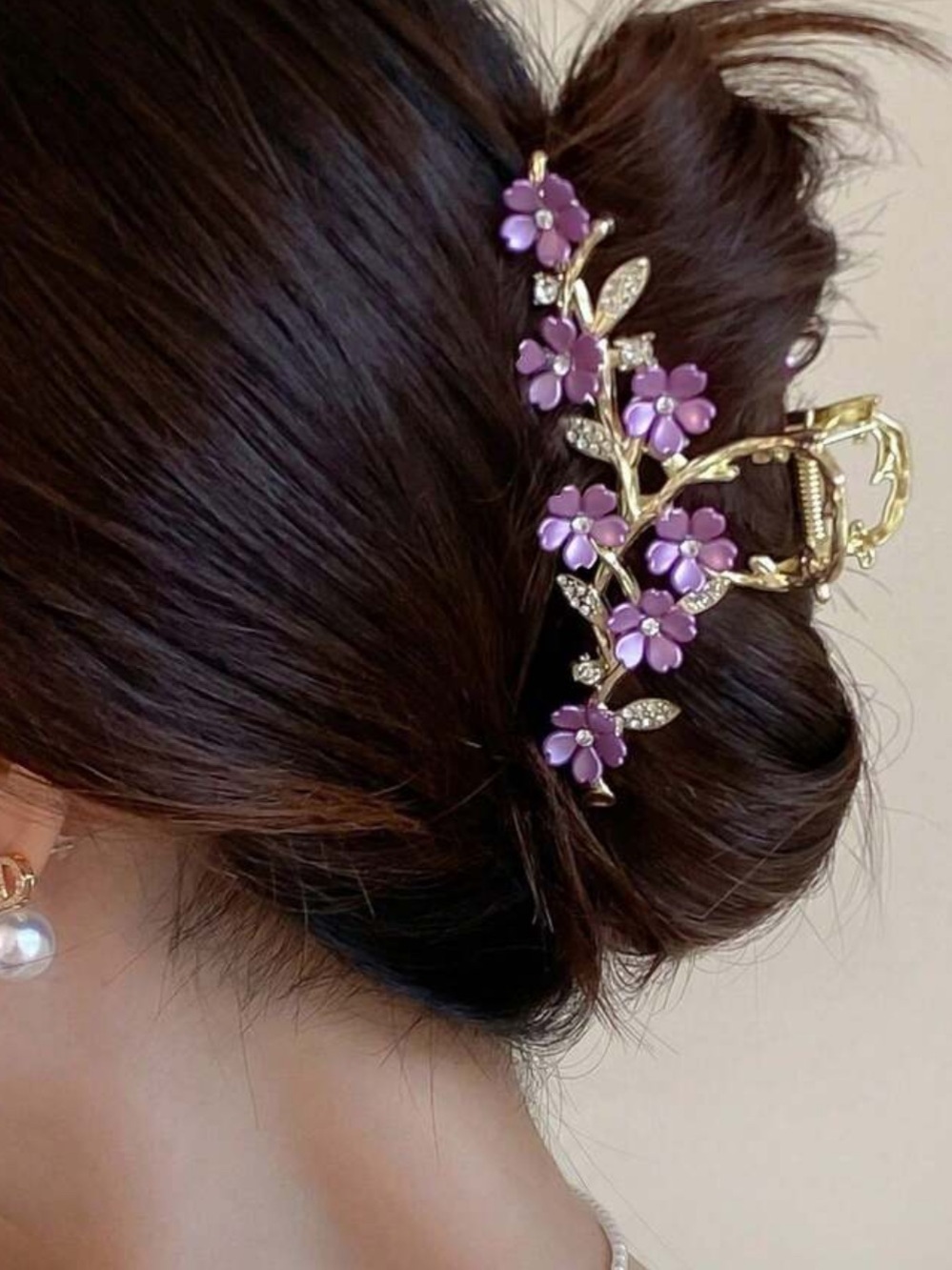 Gold Floral Hair Clip with Purple Flowers